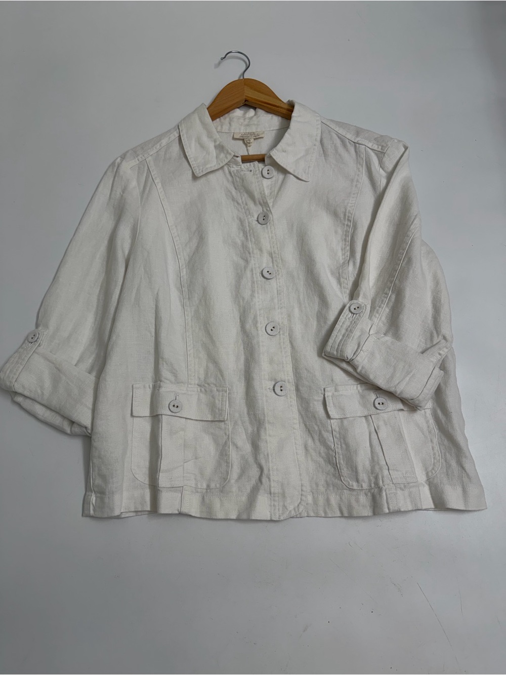 Charter Club Luxury 100% Linen Jacket White Petite XL Roll Tab Sleeve